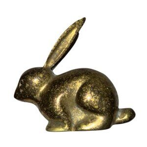 Solid Brass Bunny Figurine Paperweight 3.5" x 3" Tarnish Aged Patina